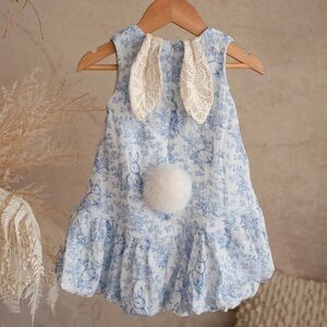 Blue Floral Bunny Print Sleeveless Kids Dress with Crochet Bow